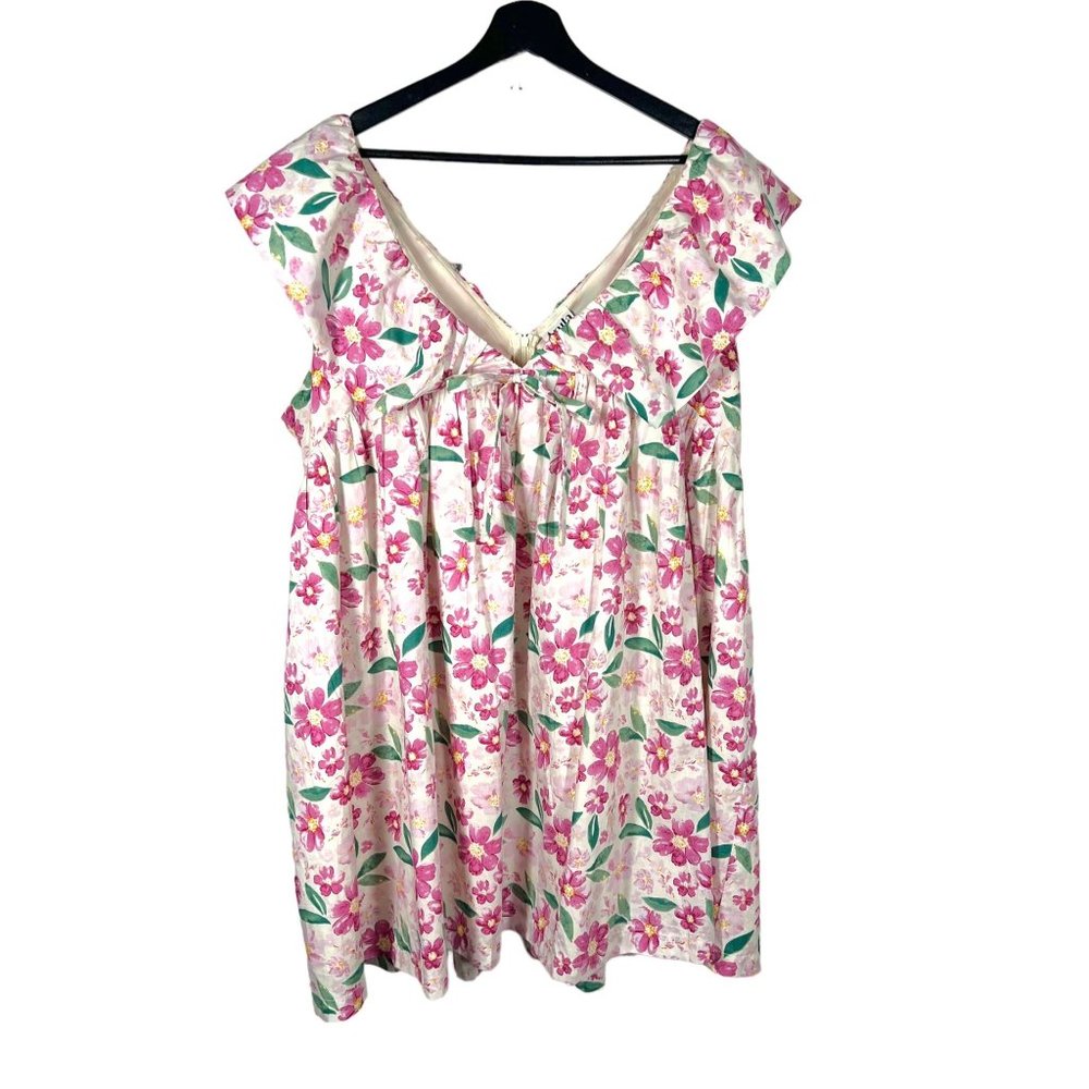 ARULA Pink Floral Babydoll Dress with Green Leaves on White